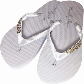 Gold Glitter Flower Girl Flip Flops, White Flat with Satin Ribbon Straps - Little Girl & Big Girl Sizes