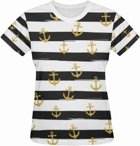 Gold Glitter Nautical Anchors on Striped Design Classic Short-Sleeve All Over Print Women's T-Shirt
