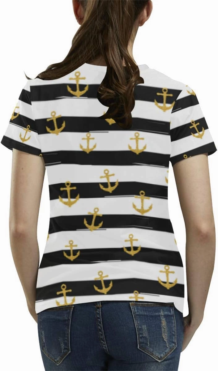 Gold Glitter Nautical Anchors on Striped Design Classic Short-Sleeve All Over Print Women's T-Shirt