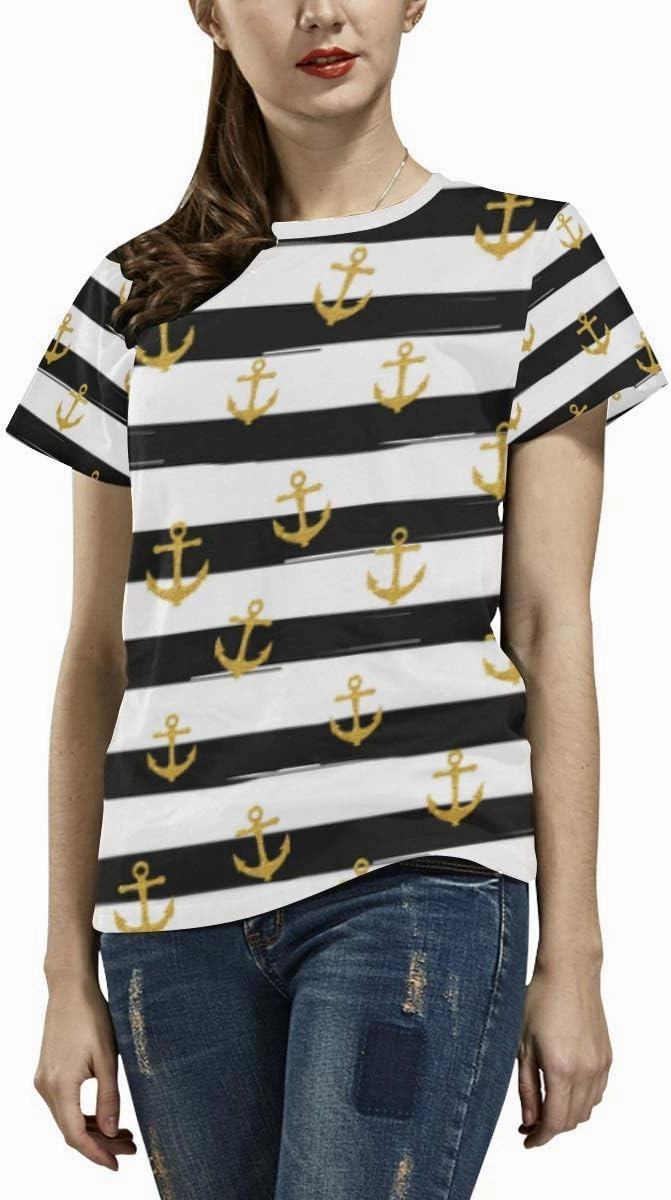 Gold Glitter Nautical Anchors on Striped Design Classic Short-Sleeve All Over Print Women's T-Shirt