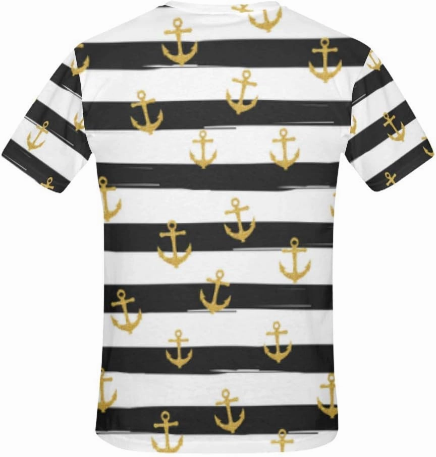 Gold Glitter Nautical Anchors on Striped Design Classic Short-Sleeve All Over Print Women's T-Shirt