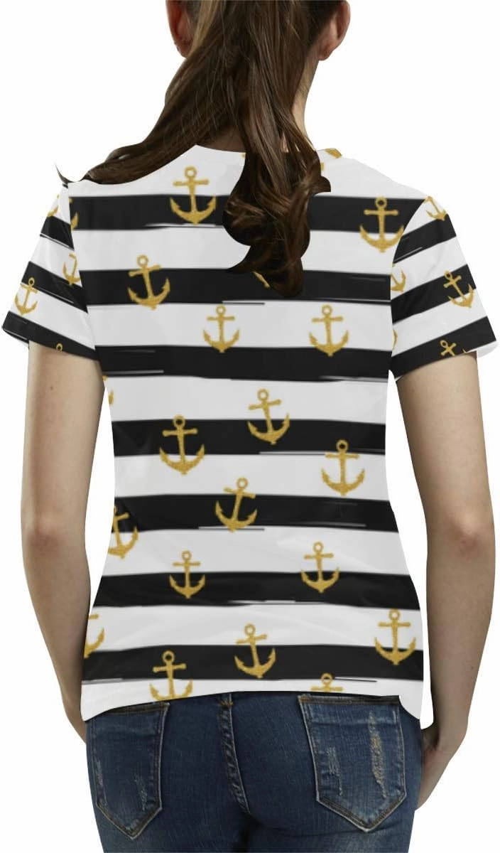 Gold Glitter Nautical Anchors on Striped Design Classic Short-Sleeve All Over Print Women's T-Shirt