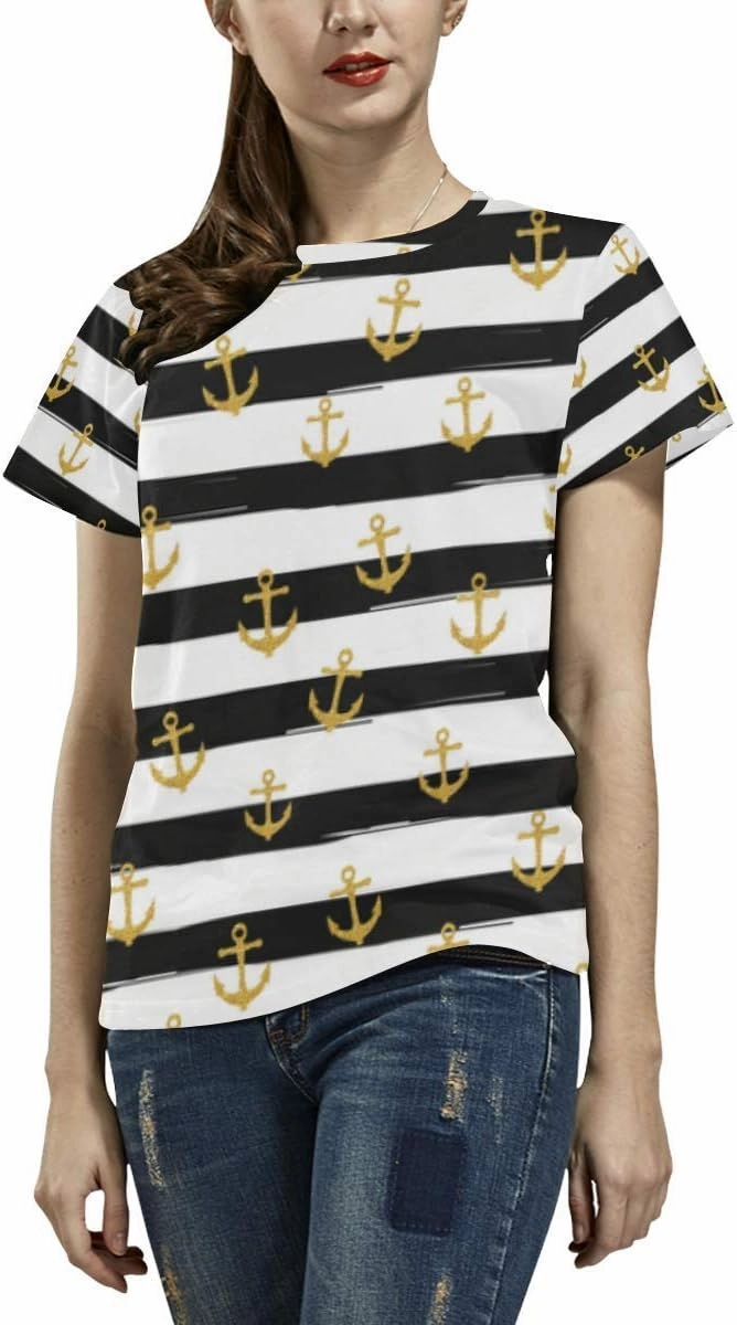 Gold Glitter Nautical Anchors on Striped Design Classic Short-Sleeve All Over Print Women's T-Shirt