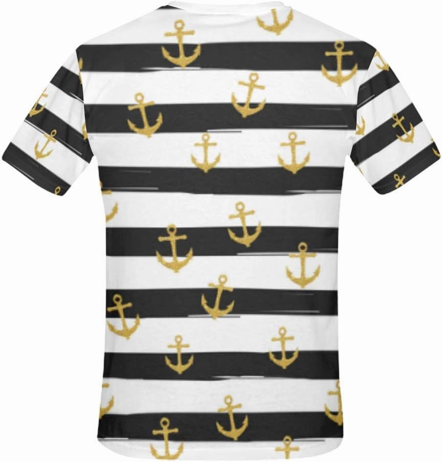 Gold Glitter Nautical Anchors on Striped Design Classic Short-Sleeve All Over Print Women's T-Shirt