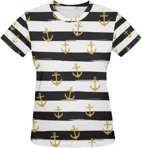 Gold Glitter Nautical Anchors on Striped Design Classic Short-Sleeve All Over Print Women's T-Shirt