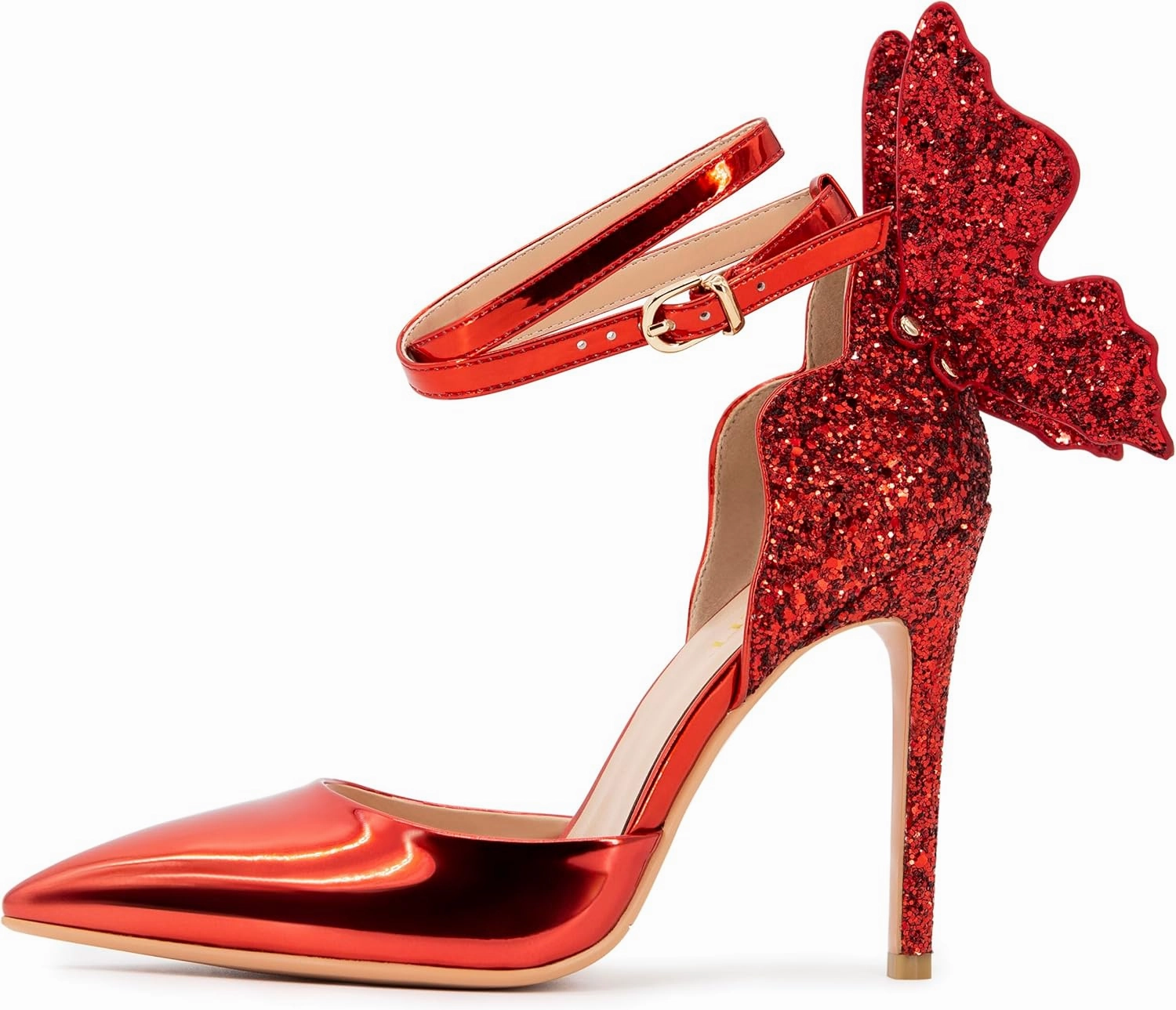 Gold High Heels Butterfly Back Sexy Stiletto Pumps Closed Toe Sparkly Ankle Strap Heels Sandals Dress Shoes for Women