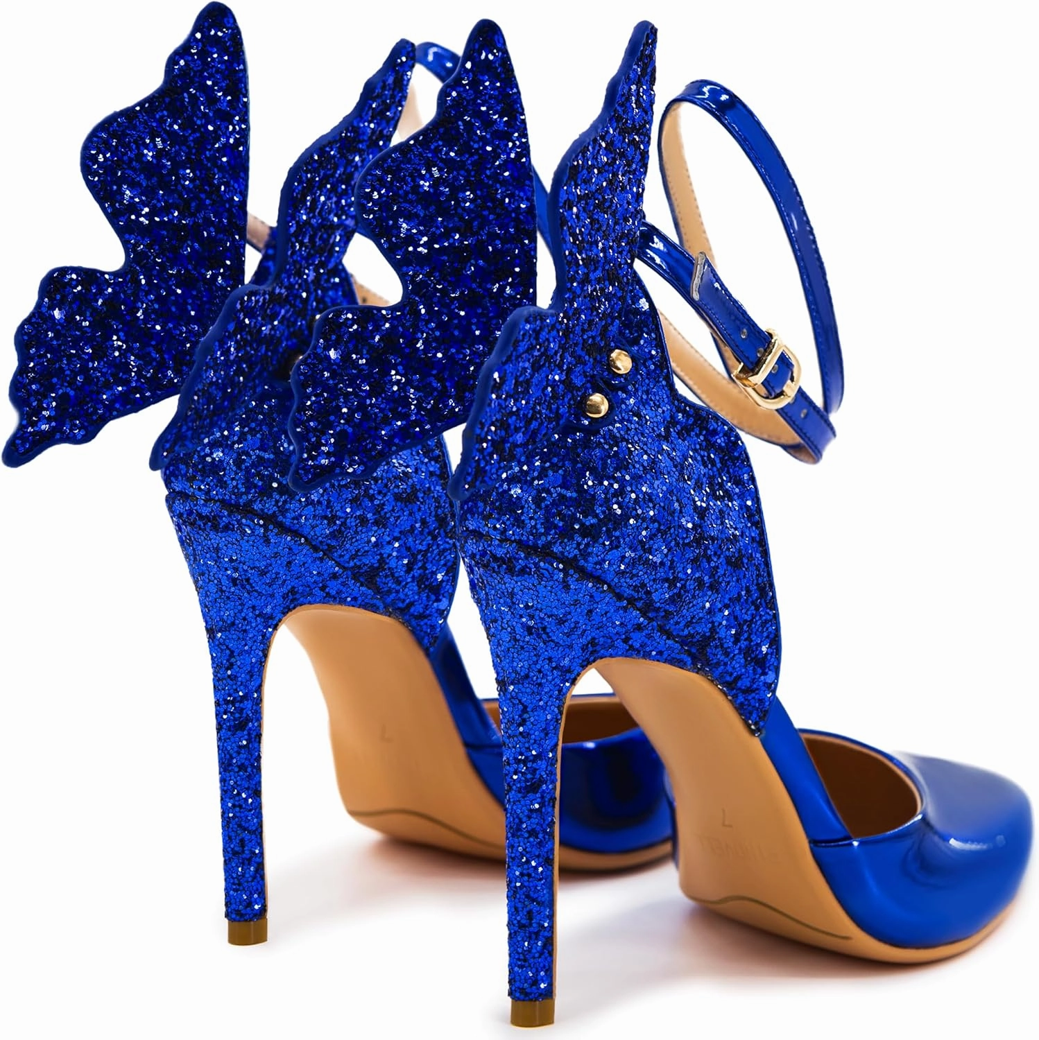 Gold High Heels Butterfly Back Sexy Stiletto Pumps Closed Toe Sparkly Ankle Strap Heels Sandals Dress Shoes for Women