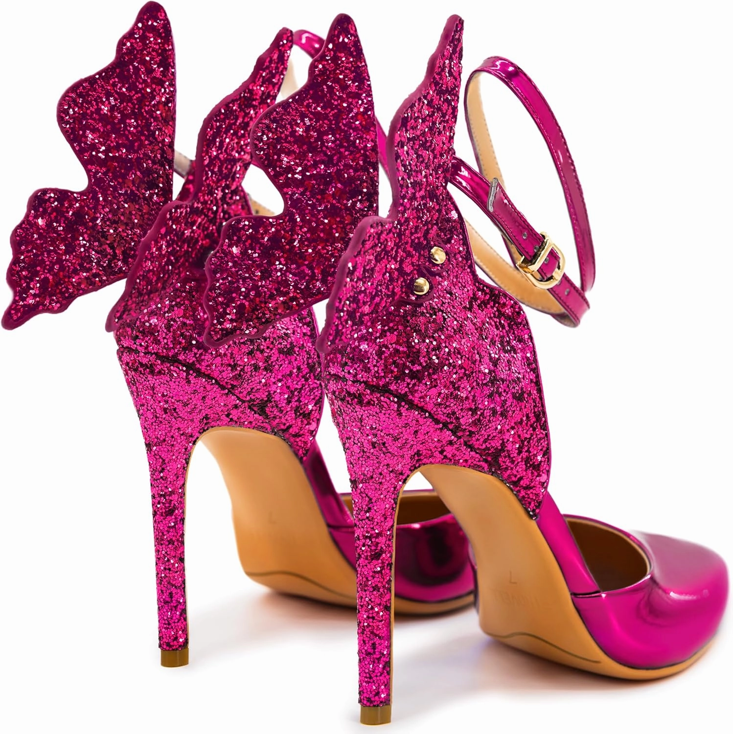 Gold High Heels Butterfly Back Sexy Stiletto Pumps Closed Toe Sparkly Ankle Strap Heels Sandals Dress Shoes for Women