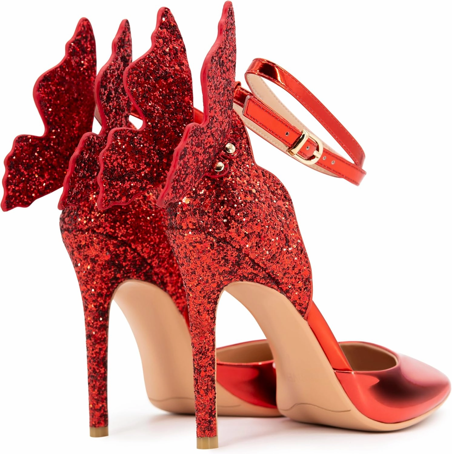Gold High Heels Butterfly Back Sexy Stiletto Pumps Closed Toe Sparkly Ankle Strap Heels Sandals Dress Shoes for Women