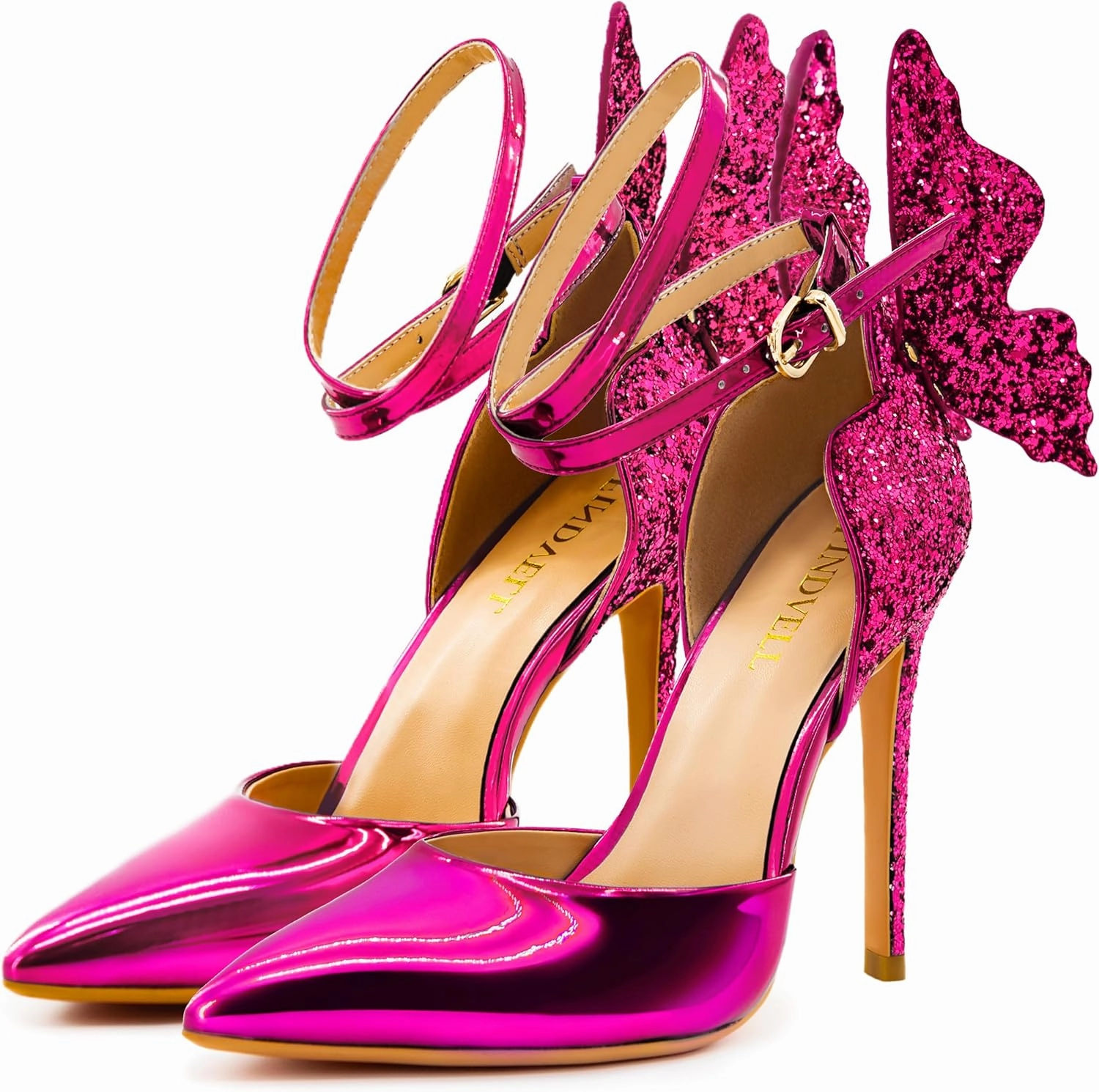 Gold High Heels Butterfly Back Sexy Stiletto Pumps Closed Toe Sparkly Ankle Strap Heels Sandals Dress Shoes for Women