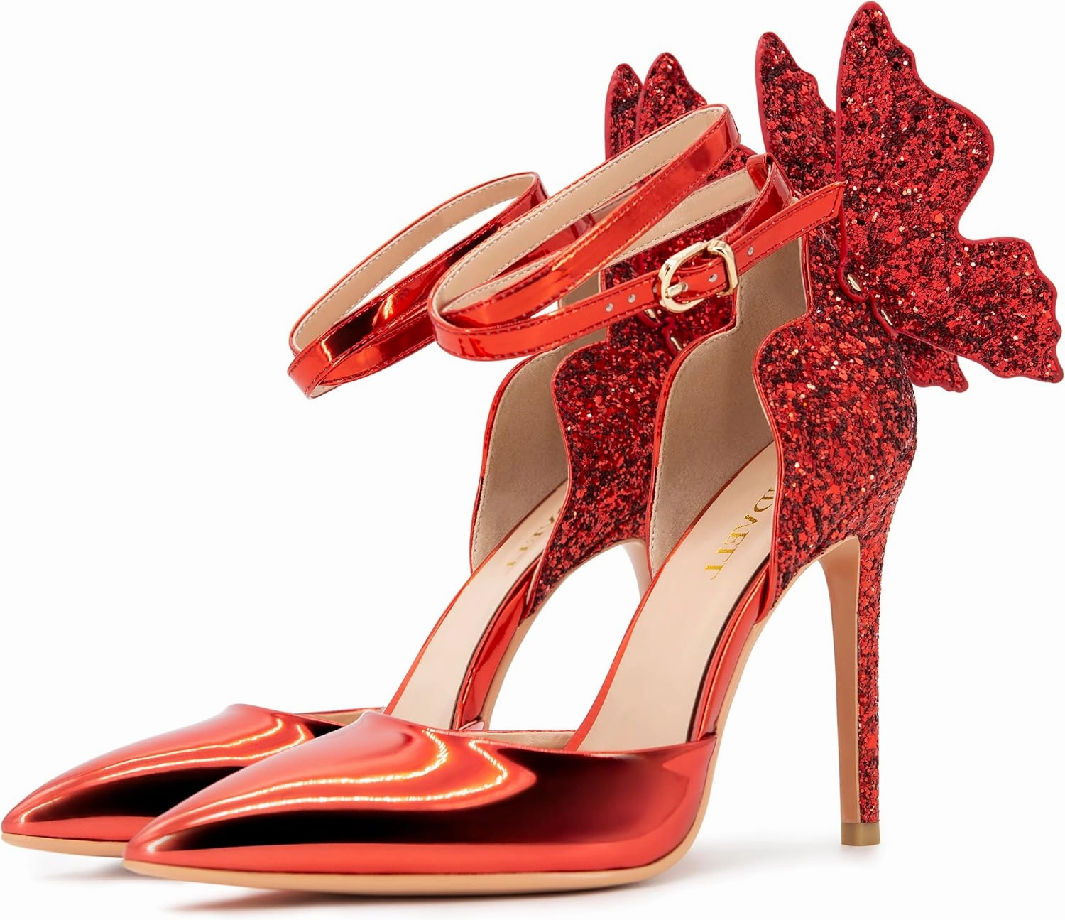 Gold High Heels Butterfly Back Sexy Stiletto Pumps Closed Toe Sparkly Ankle Strap Heels Sandals Dress Shoes for Women