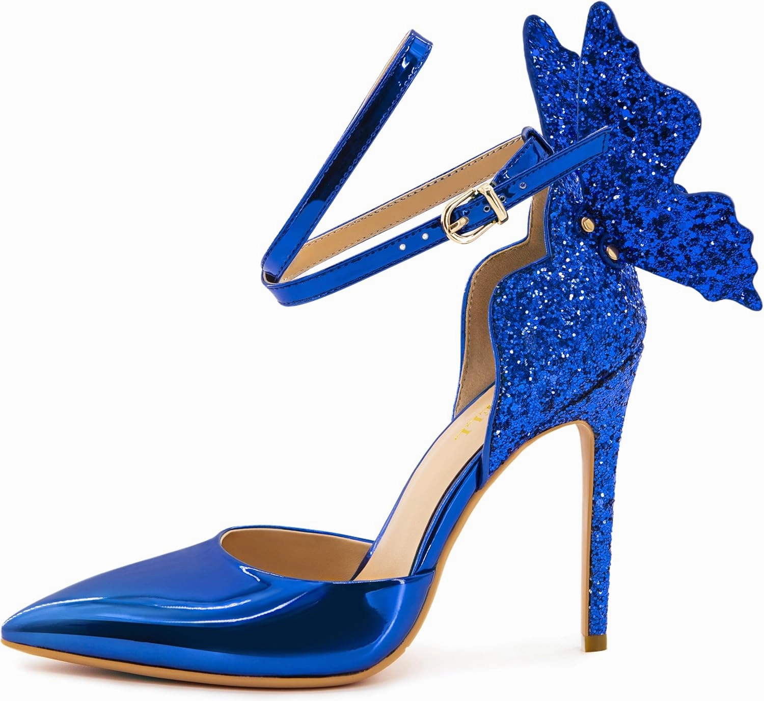 Gold High Heels Butterfly Back Sexy Stiletto Pumps Closed Toe Sparkly Ankle Strap Heels Sandals Dress Shoes for Women