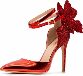 Gold High Heels Butterfly Back Sexy Stiletto Pumps Closed Toe Sparkly Ankle Strap Heels Sandals Dress Shoes for Women