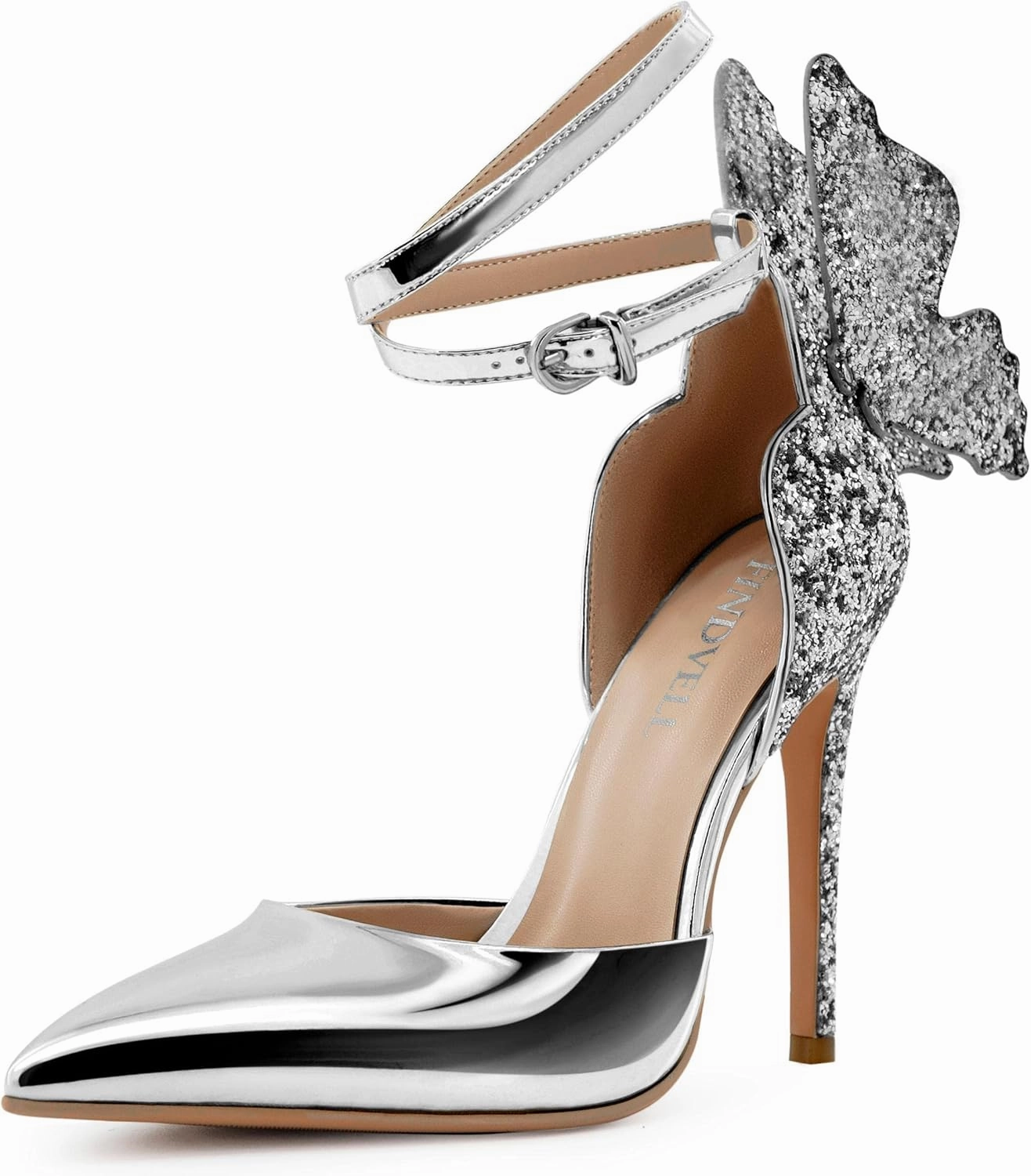 Gold High Heels Butterfly Back Sexy Stiletto Pumps Closed Toe Sparkly Ankle Strap Heels Sandals Dress Shoes for Women