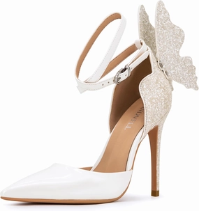 Gold High Heels Butterfly Back Sexy Stiletto Pumps Closed Toe Sparkly Ankle Strap Heels Sandals Dress Shoes for Women