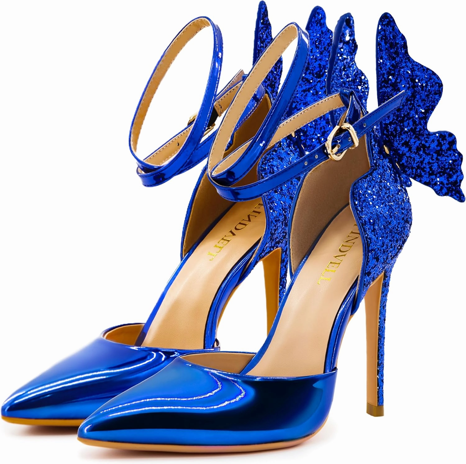 Gold High Heels Butterfly Back Sexy Stiletto Pumps Closed Toe Sparkly Ankle Strap Heels Sandals Dress Shoes for Women