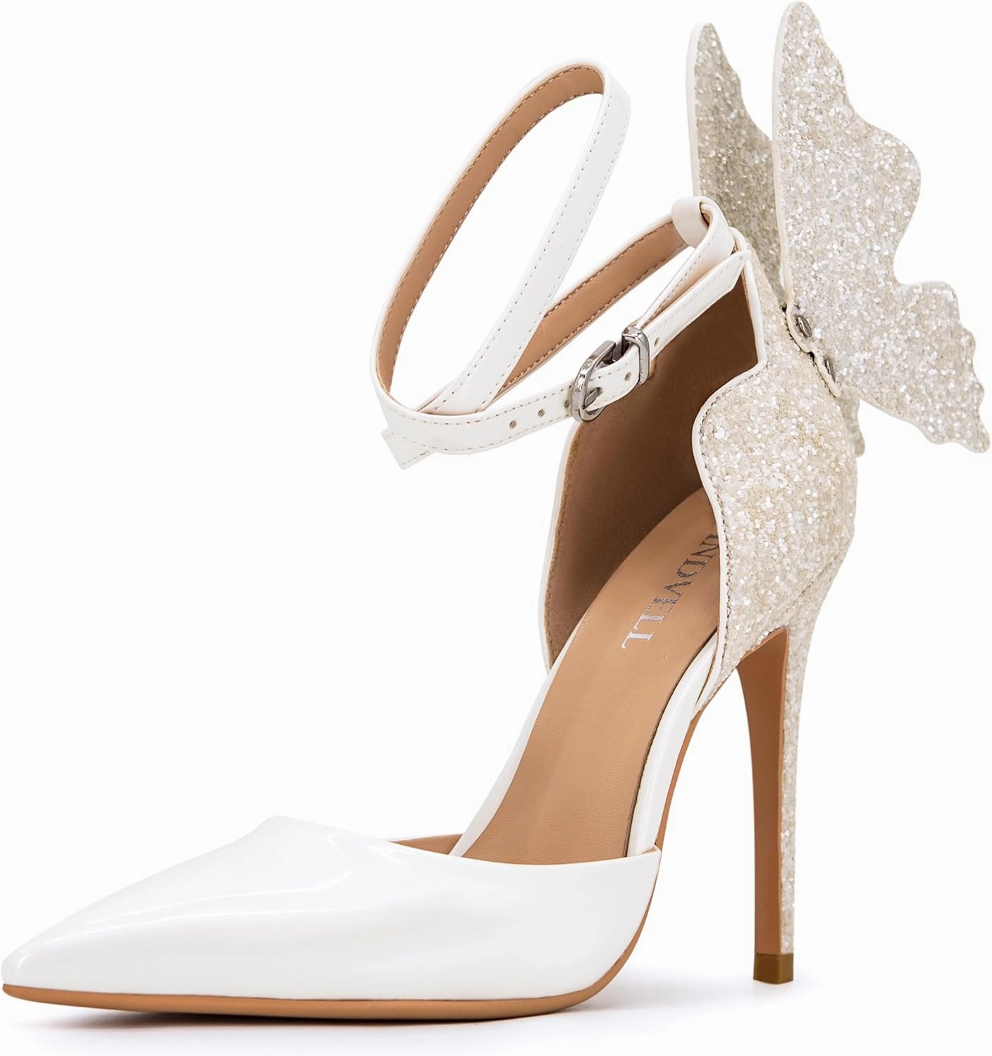 Gold High Heels Butterfly Back Sexy Stiletto Pumps Closed Toe Sparkly Ankle Strap Heels Sandals Dress Shoes for Women