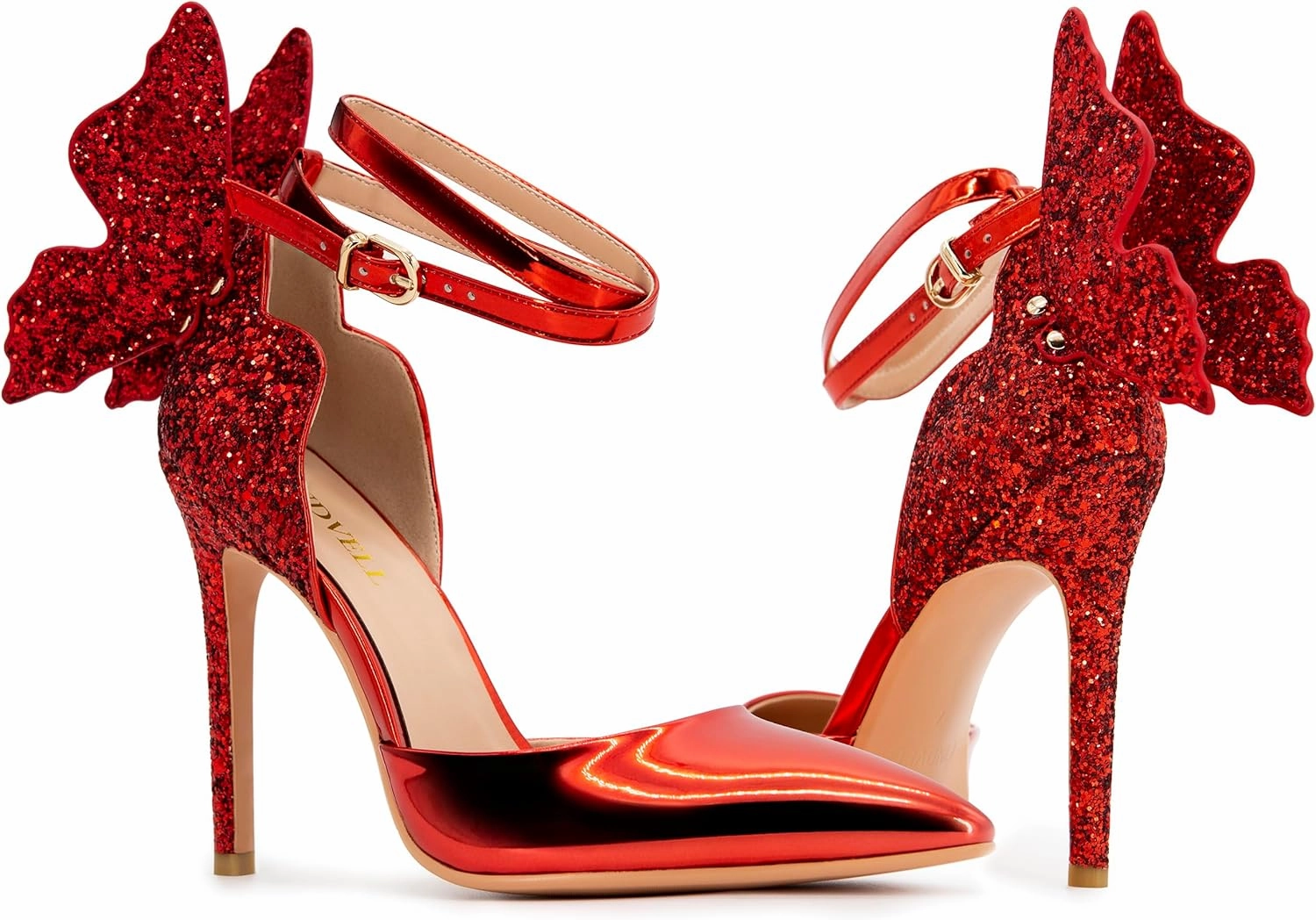 Gold High Heels Butterfly Back Sexy Stiletto Pumps Closed Toe Sparkly Ankle Strap Heels Sandals Dress Shoes for Women