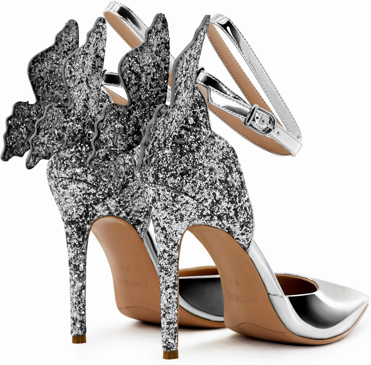 Gold High Heels Butterfly Back Sexy Stiletto Pumps Closed Toe Sparkly Ankle Strap Heels Sandals Dress Shoes for Women