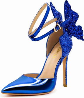 Gold High Heels Butterfly Back Sexy Stiletto Pumps Closed Toe Sparkly Ankle Strap Heels Sandals Dress Shoes for Women