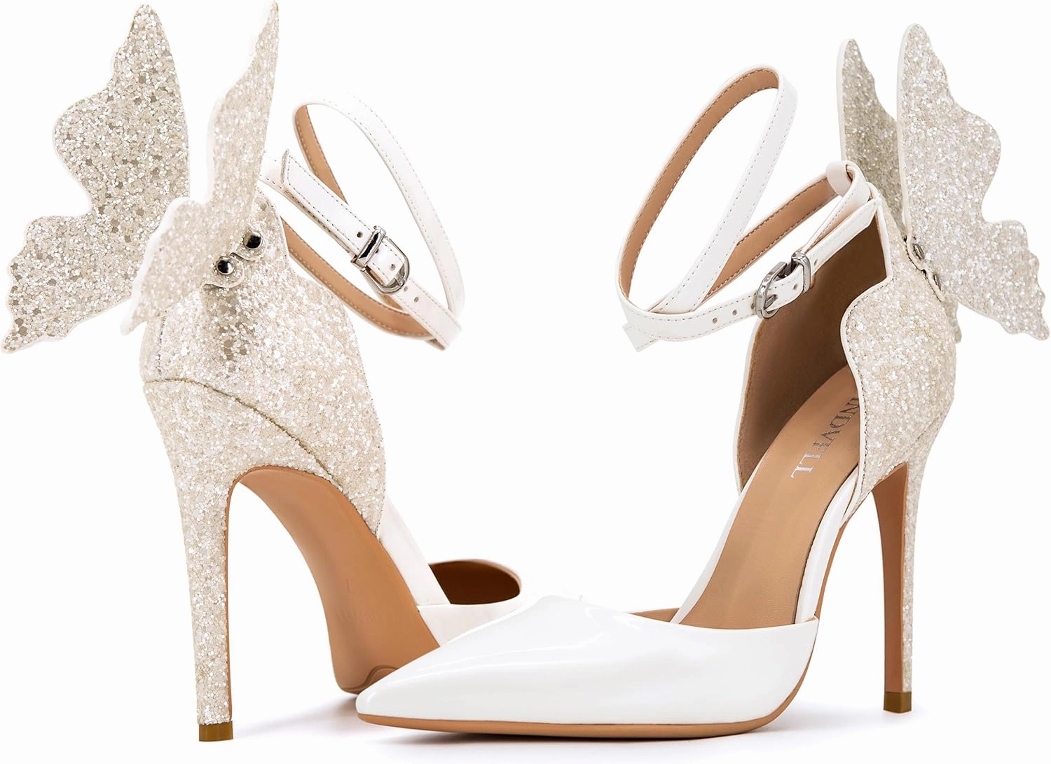 Gold High Heels Butterfly Back Sexy Stiletto Pumps Closed Toe Sparkly Ankle Strap Heels Sandals Dress Shoes for Women