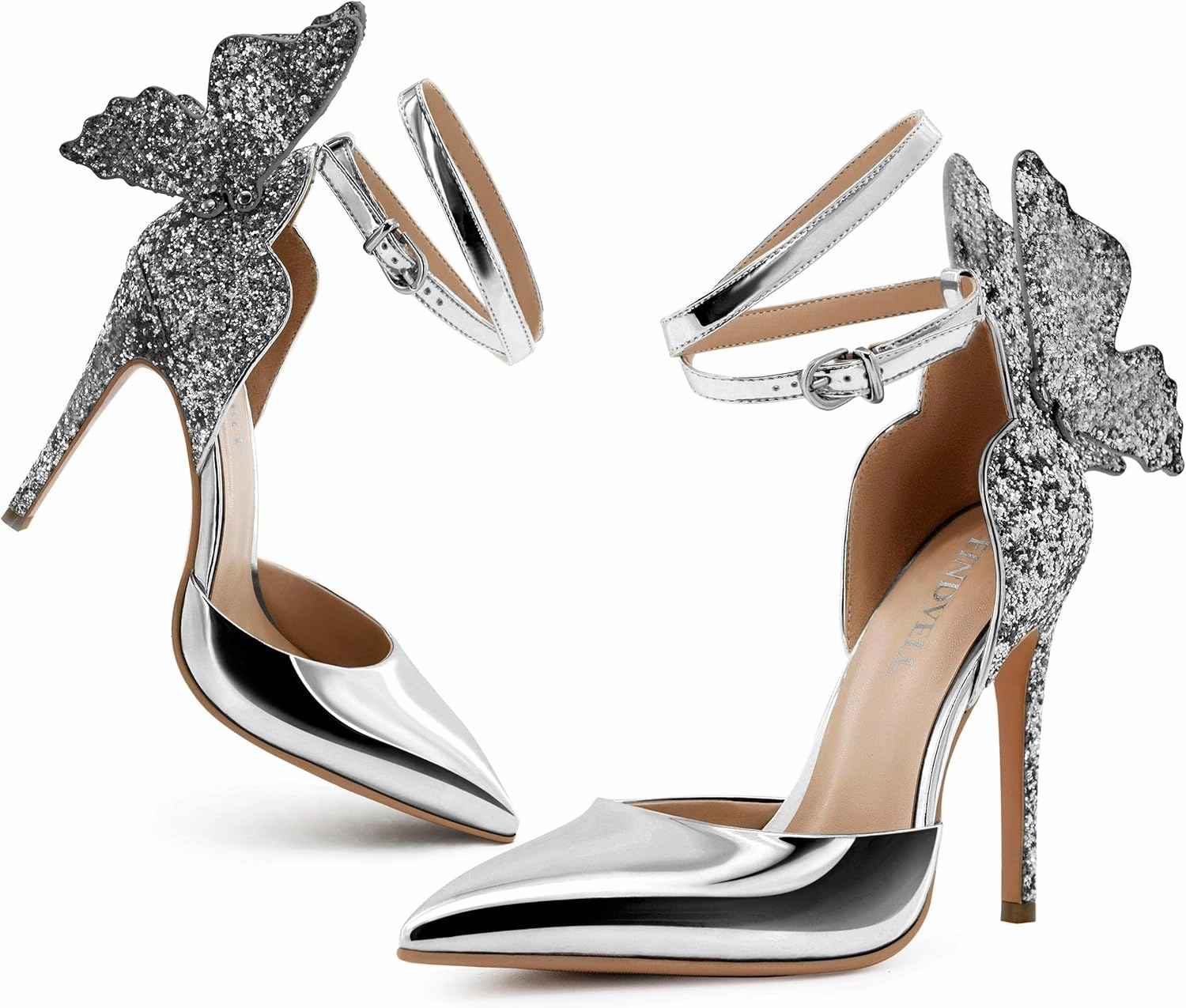 Gold High Heels Butterfly Back Sexy Stiletto Pumps Closed Toe Sparkly Ankle Strap Heels Sandals Dress Shoes for Women
