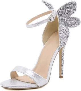 Gold High Heels Butterfly Back Sexy Stiletto Pumps Open Toe Sparkly Ankle Strap Heels Sandals Dress Shoes for Women