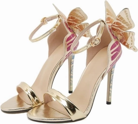 Gold High Heels Butterfly Back Sexy Stiletto Pumps Open Toe Sparkly Ankle Strap Heels Sandals Dress Shoes for Women