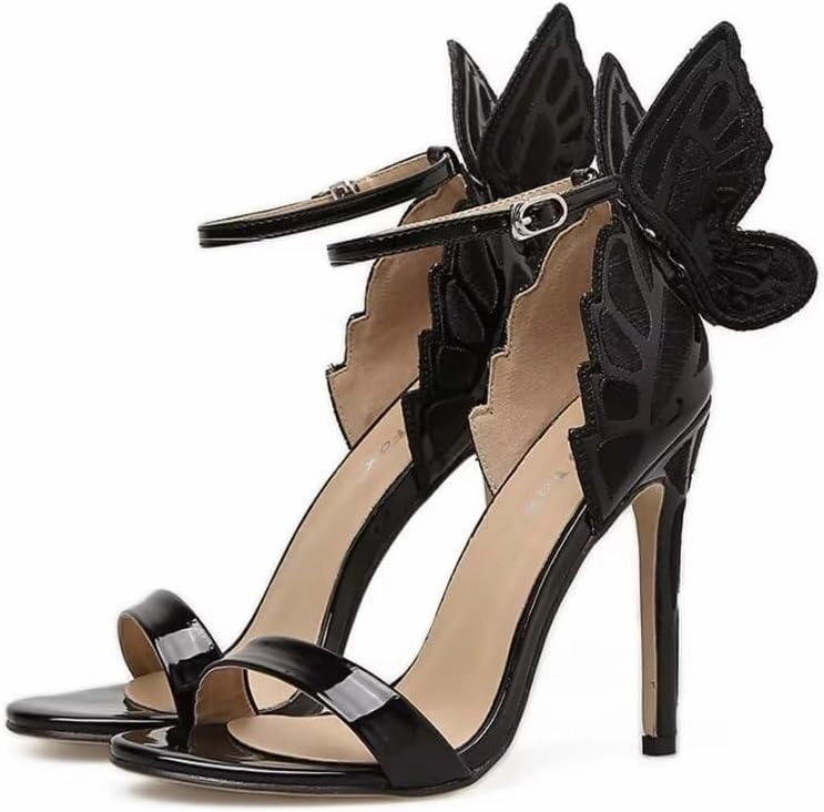 Gold High Heels Butterfly Back Sexy Stiletto Pumps Open Toe Sparkly Ankle Strap Heels Sandals Dress Shoes for Women