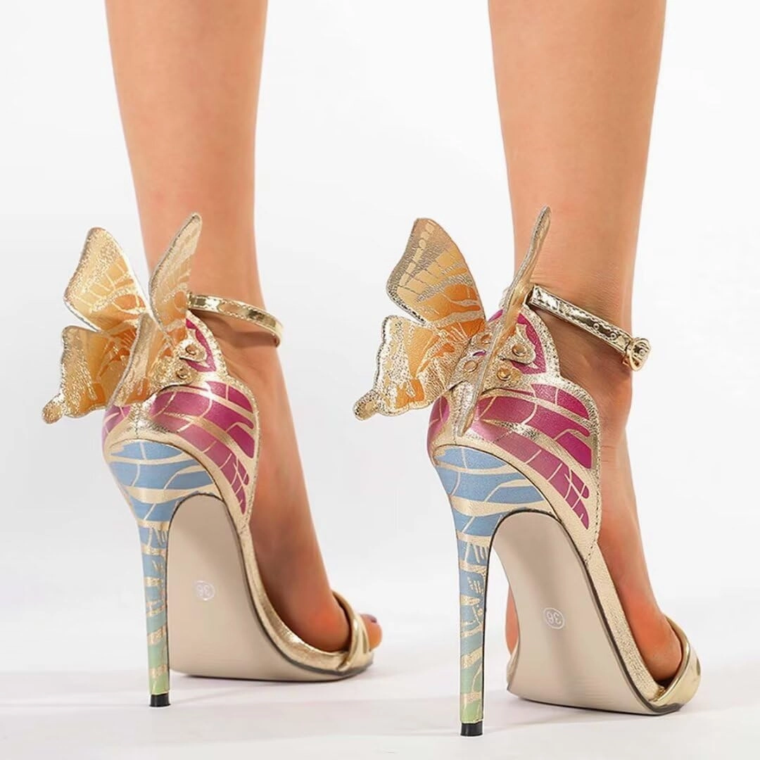 Gold High Heels Butterfly Back Sexy Stiletto Pumps Open Toe Sparkly Ankle Strap Heels Sandals Dress Shoes for Women