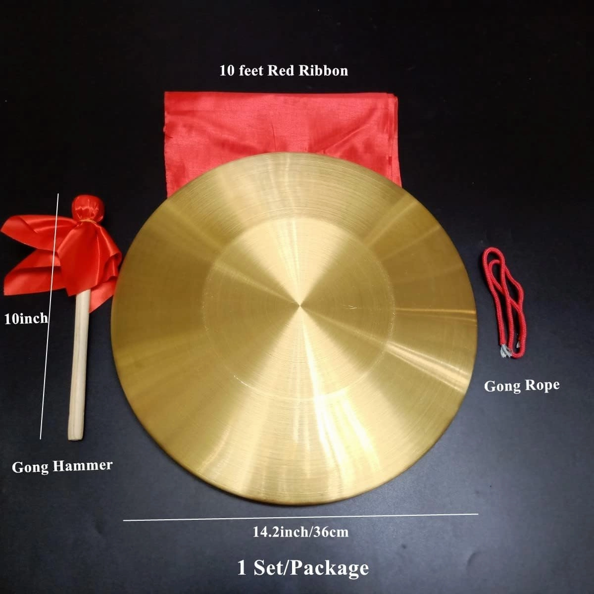 Gong Instrument with 14.2 inch(36cm), Chinese Traditional Percussion Instrument Brass Gong with Wooden Mallet and Red Ribbon for Home Office Celebration
