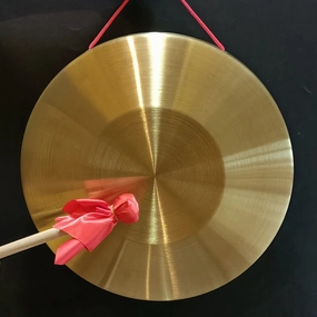 Gong Instrument with 14.2 inch(36cm), Chinese Traditional Percussion Instrument Brass Gong with Wooden Mallet and Red Ribbon for Home Office Celebration