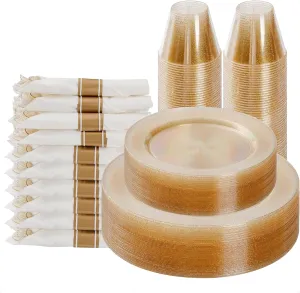 Goodluck 175 Piece Gold Glitter Plastic Dinnerware Set for 25 Guests, Fancy Disposable Plates for Party, Include: 25 Dinner Plates, 25 Dessert Plates, 25 Pre Rolled Napkins with Silverware, 25 Cups