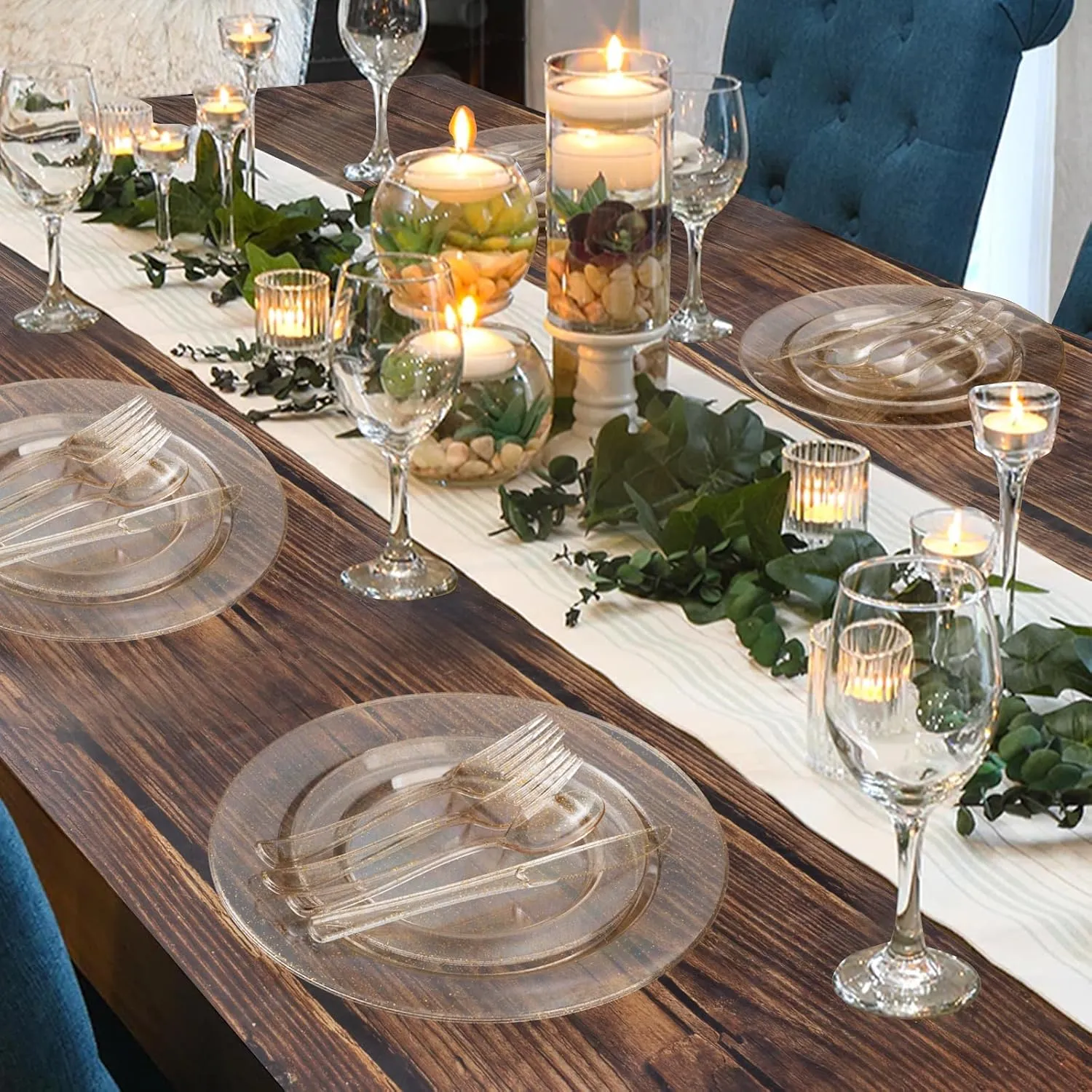 Goodluck 600 Piece Gold Glitter Disposable Plates for 100 Guests, Plastic Plates for Party, Wedding, Dinnerware Set of 100 Dinner Plates, 100 Salad Plates, 100 Spoons, 100 Forks, 100 Knives, 100 Cups