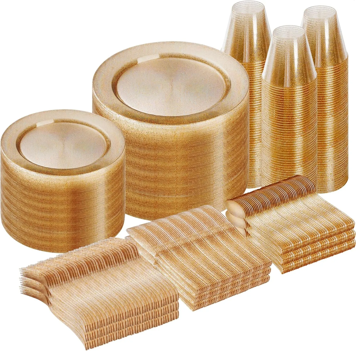 Goodluck 600 Piece Gold Glitter Disposable Plates for 100 Guests, Plastic Plates for Party, Wedding, Dinnerware Set of 100 Dinner Plates, 100 Salad Plates, 100 Spoons, 100 Forks, 100 Knives, 100 Cups