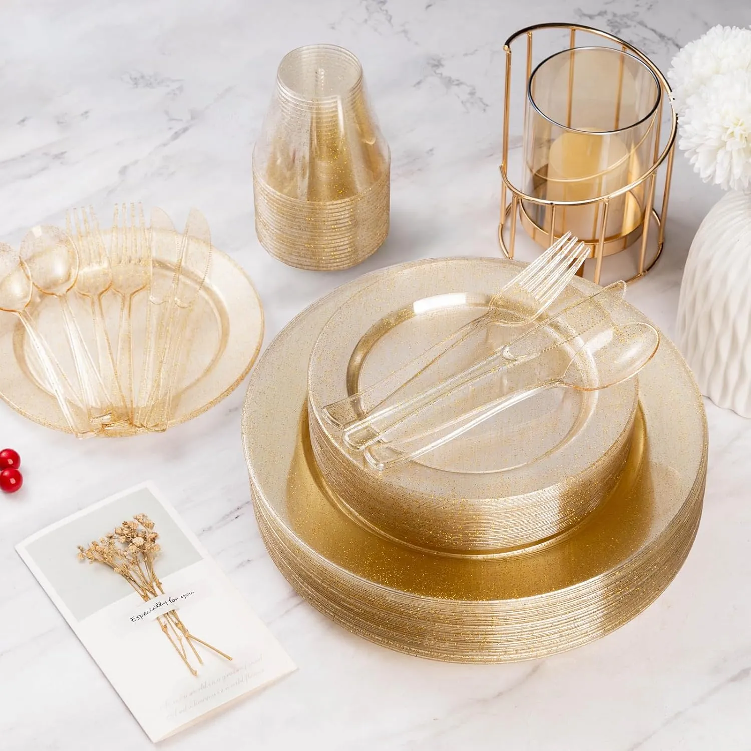 Goodluck 600 Piece Gold Glitter Disposable Plates for 100 Guests, Plastic Plates for Party, Wedding, Dinnerware Set of 100 Dinner Plates, 100 Salad Plates, 100 Spoons, 100 Forks, 100 Knives, 100 Cups