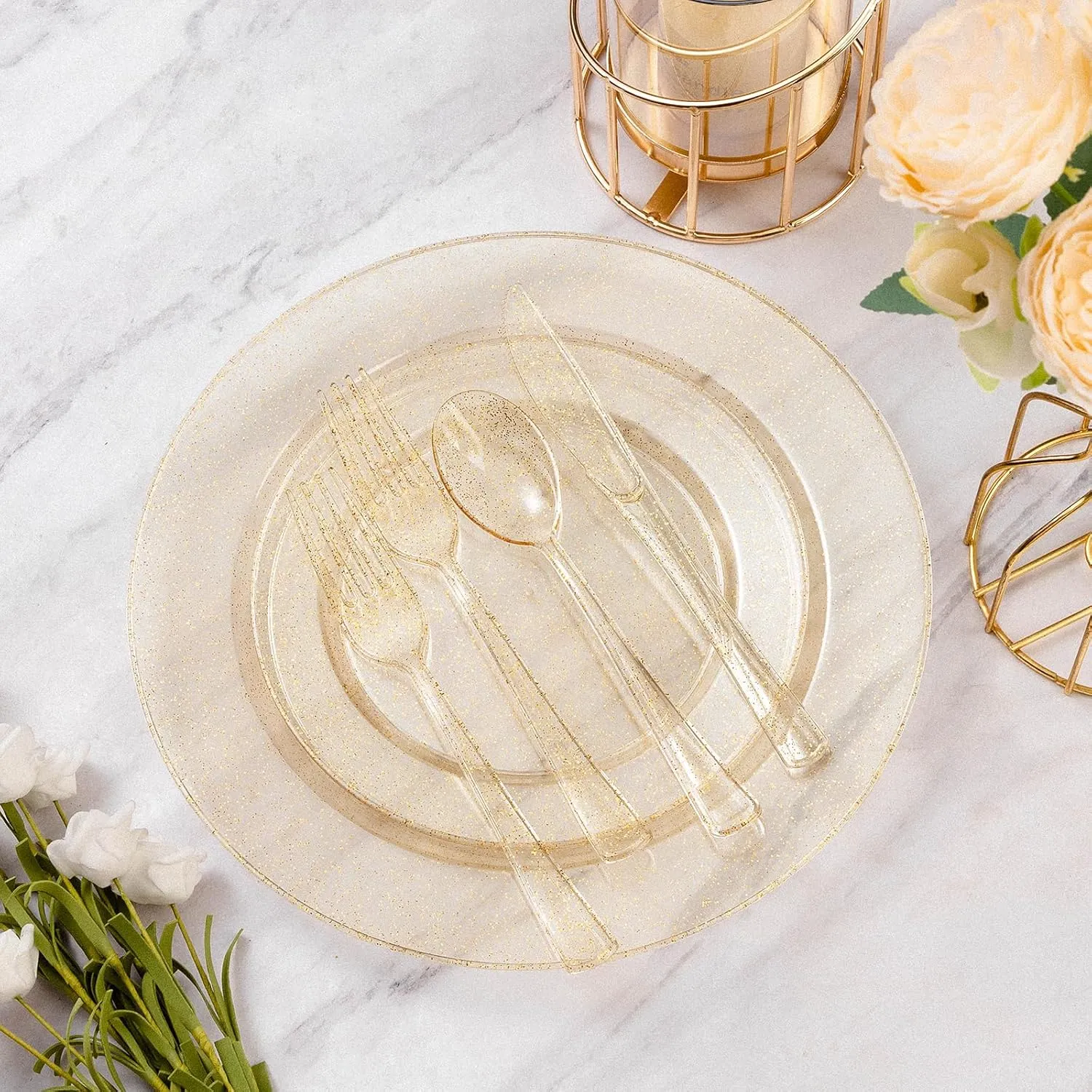 Goodluck 600 Piece Gold Glitter Disposable Plates for 100 Guests, Plastic Plates for Party, Wedding, Dinnerware Set of 100 Dinner Plates, 100 Salad Plates, 100 Spoons, 100 Forks, 100 Knives, 100 Cups