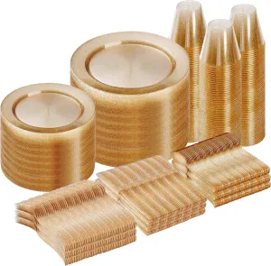 Goodluck 600 Piece Gold Glitter Disposable Plates for 100 Guests, Plastic Plates for Party, Wedding, Dinnerware Set of 100 Dinner Plates, 100 Salad Plates, 100 Spoons, 100 Forks, 100 Knives, 100 Cups