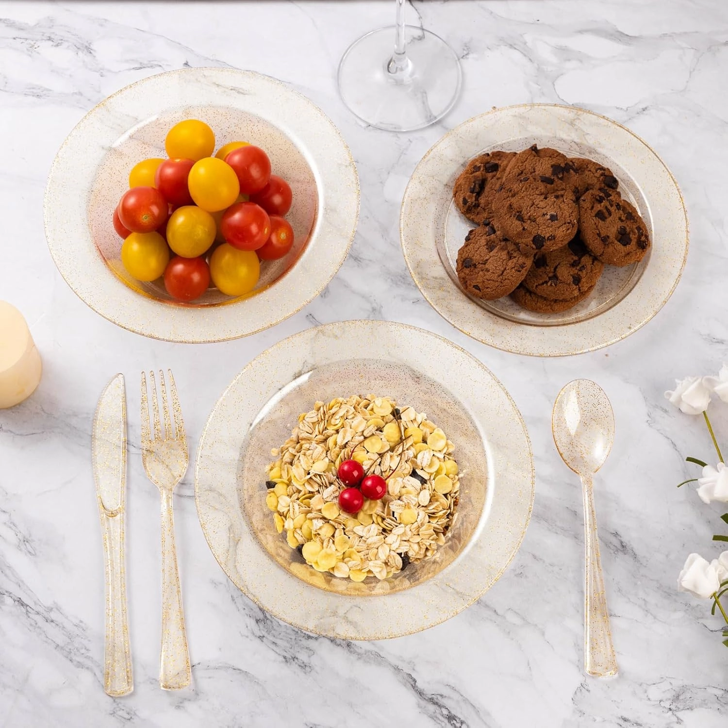 Goodluck 100 Pack Gold Glitter Plastic Bowls, 12oz Disposable Soup Bowls, Heavy Duty Dessert Bowls for Weddings, Parties, Dinners, Catering, Christmas and Everyday Use