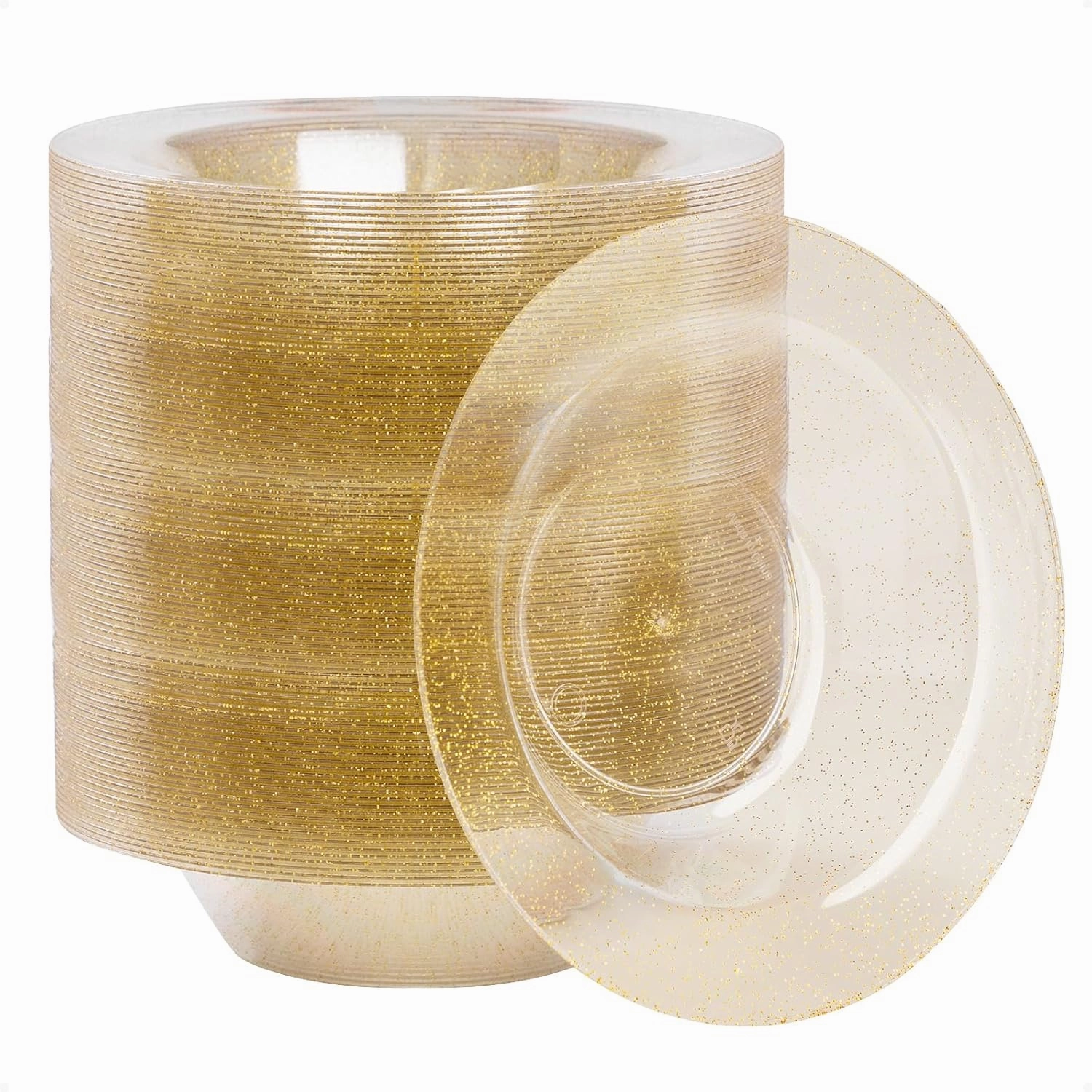 Goodluck 100 Pack Gold Glitter Plastic Bowls, 12oz Disposable Soup Bowls, Heavy Duty Dessert Bowls for Weddings, Parties, Dinners, Catering, Christmas and Everyday Use