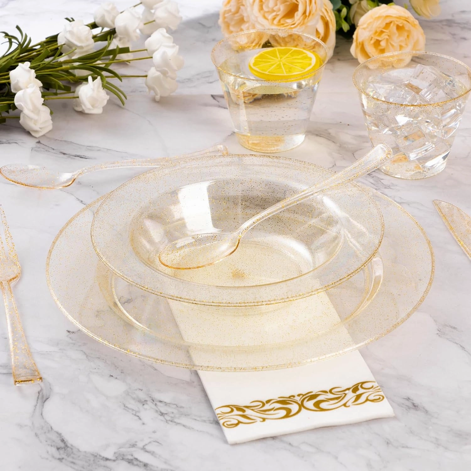 Goodluck 100 Pack Gold Glitter Plastic Bowls, 12oz Disposable Soup Bowls, Heavy Duty Dessert Bowls for Weddings, Parties, Dinners, Catering, Christmas and Everyday Use