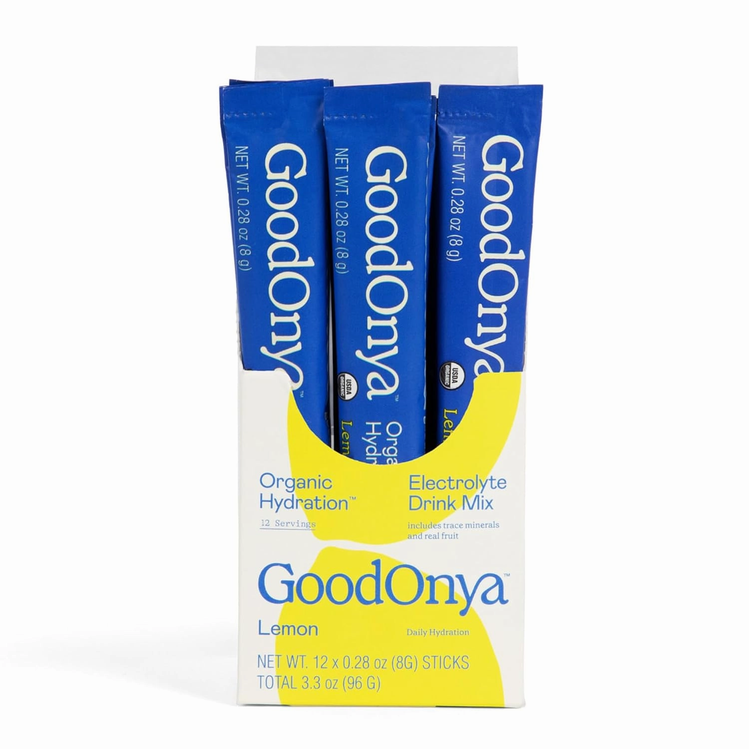GOODONYA Organic Hydration Electrolyte Drink Mix, Certified Organic Hydration Powder, Non-GMO, Biochecked Glyphosate Free, Low Sugar, Lemonade Flavor, No Artificial Flavors,12 Stick Packs