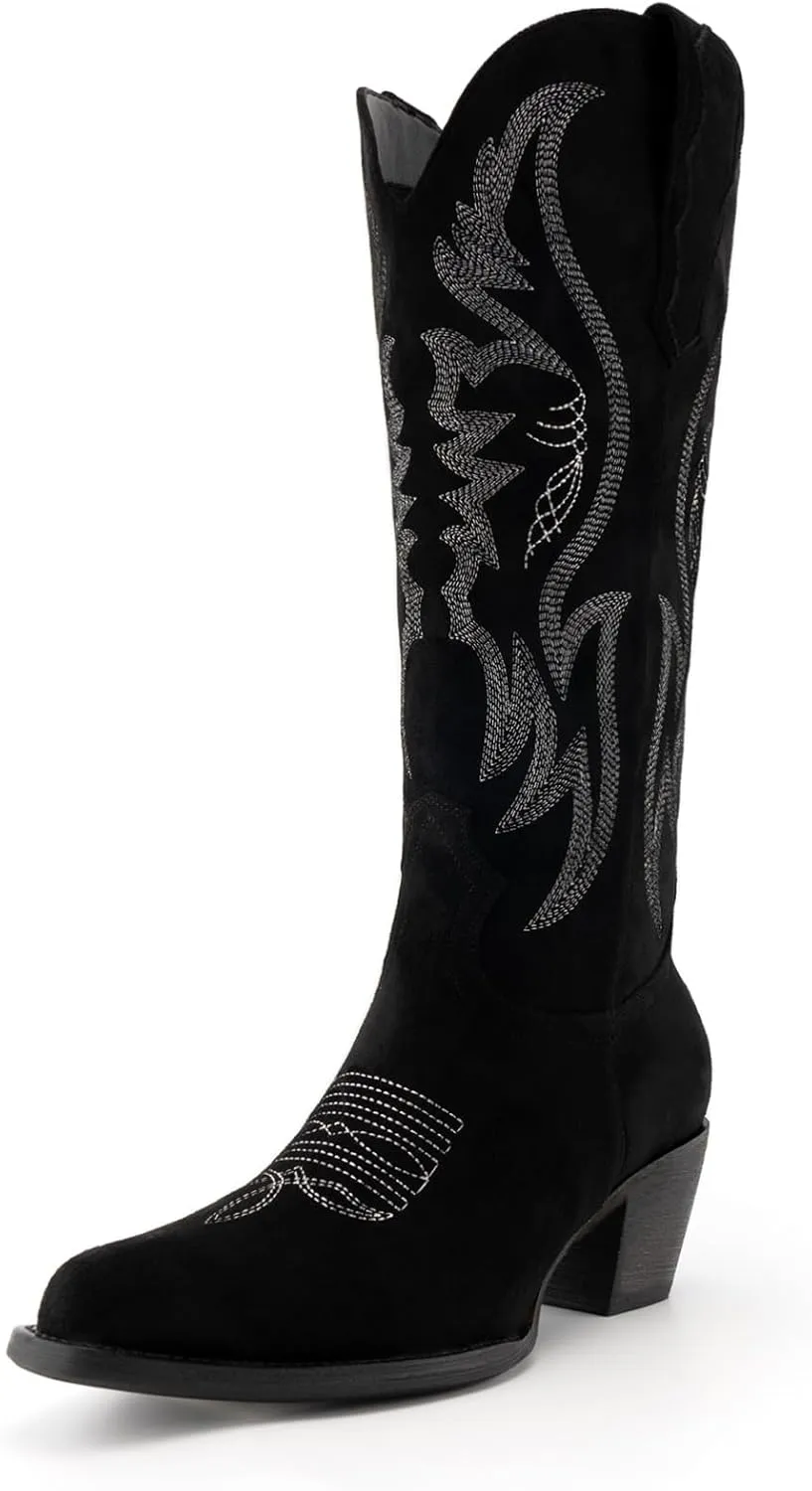 GORBINETI Women Cowboy Boots Mid Calf Cowgirl Boots Western Red Boots Embroidered Suede Pull On Almond Toe Chunky Heel