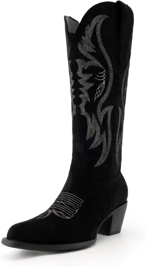 GORBINETI Women Cowboy Boots Mid Calf Cowgirl Boots Western Red Boots Embroidered Suede Pull On Almond Toe Chunky Heel
