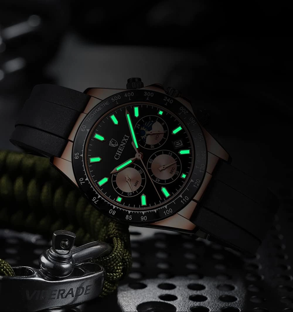 Gosasa Fashion Men's Silicone Wrist Watch Moon Phase Watches Waterproof Luminous Analog Quartz Chronograph Classic Business Sports Mens Watches