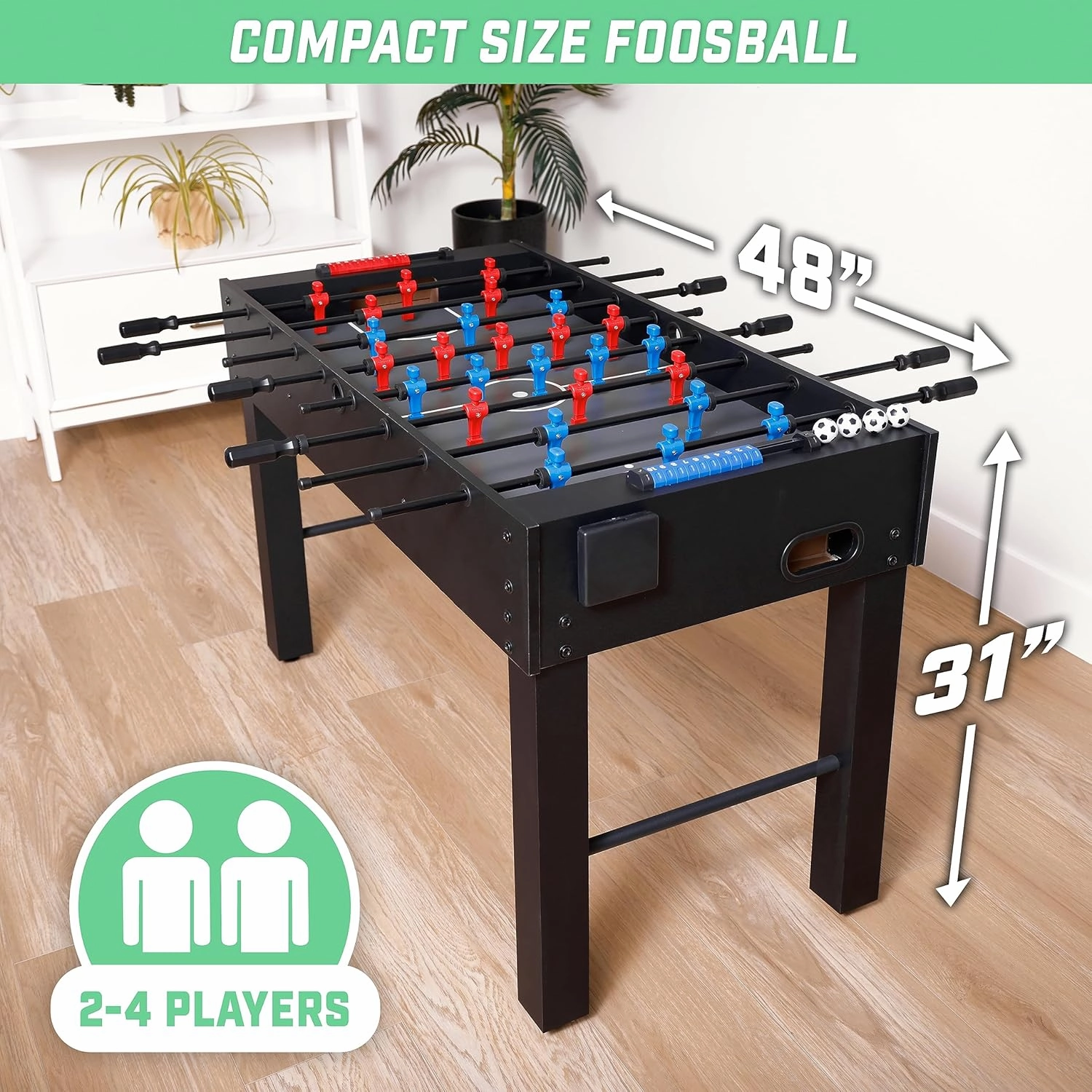 GoSports 48 Inch Game Room Size Foosball Table - Black, Oak, or White - Includes 4 Balls and 2 Cup Holders
