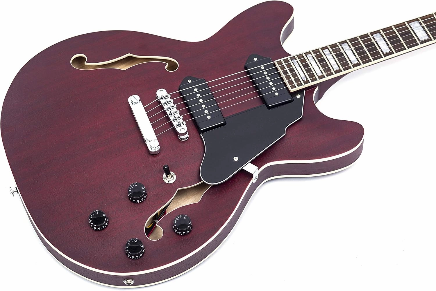 Grote 335 Style Jazz Electric Guitar Flame Maple top Semi-Hollow Body Matte Finished P90 Pickups (RED)