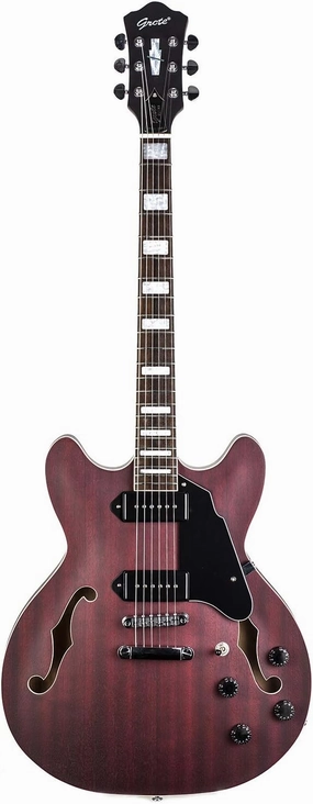 Grote 335 Style Jazz Electric Guitar Flame Maple top Semi-Hollow Body Matte Finished P90 Pickups (RED)