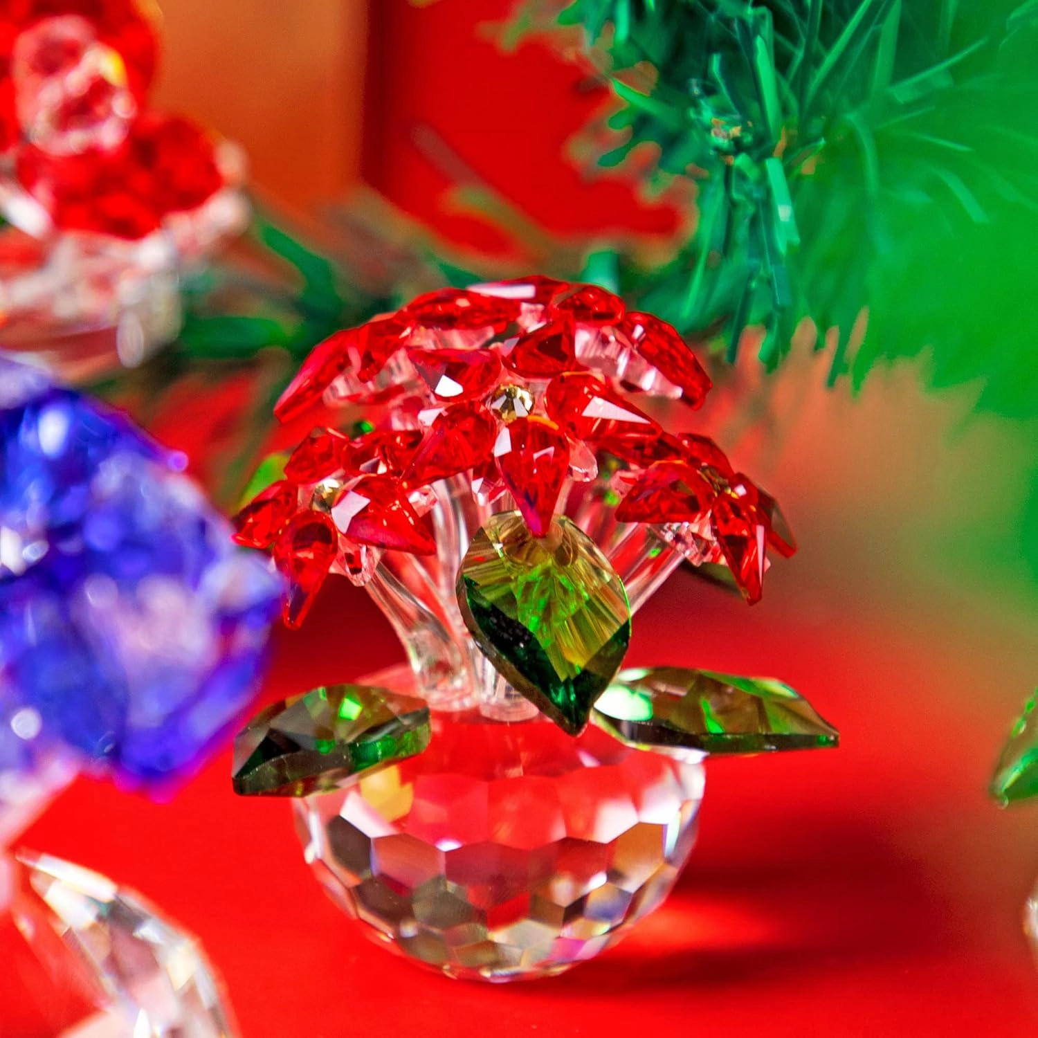 H&D HYALINE & DORA Crystal Poinsettia Figurines Ornament Home Decoration Collection (Red 6pcs Flower)