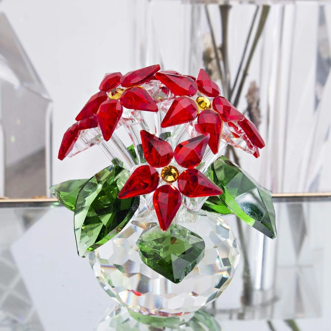 H&D HYALINE & DORA Crystal Poinsettia Figurines Ornament Home Decoration Collection (Red 6pcs Flower)